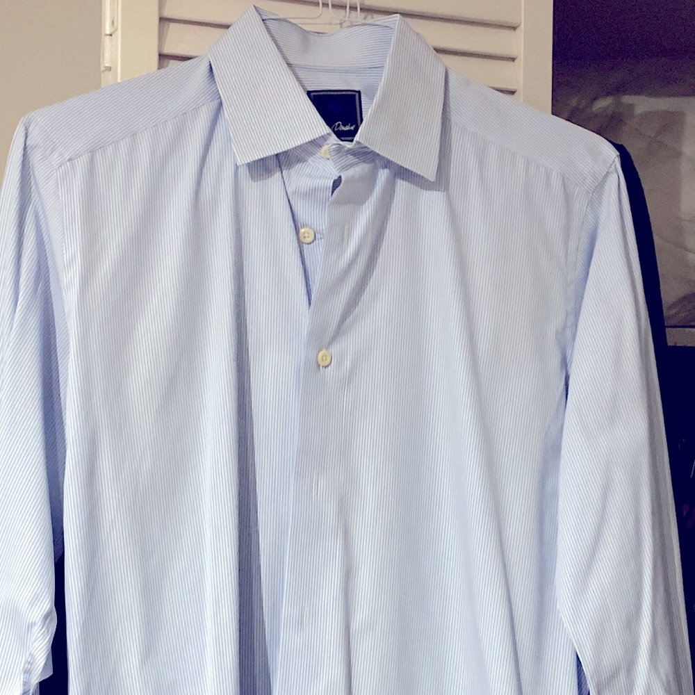 David Donahue men’s long sleeve blue pinstriped shirt. 16. 34/35
